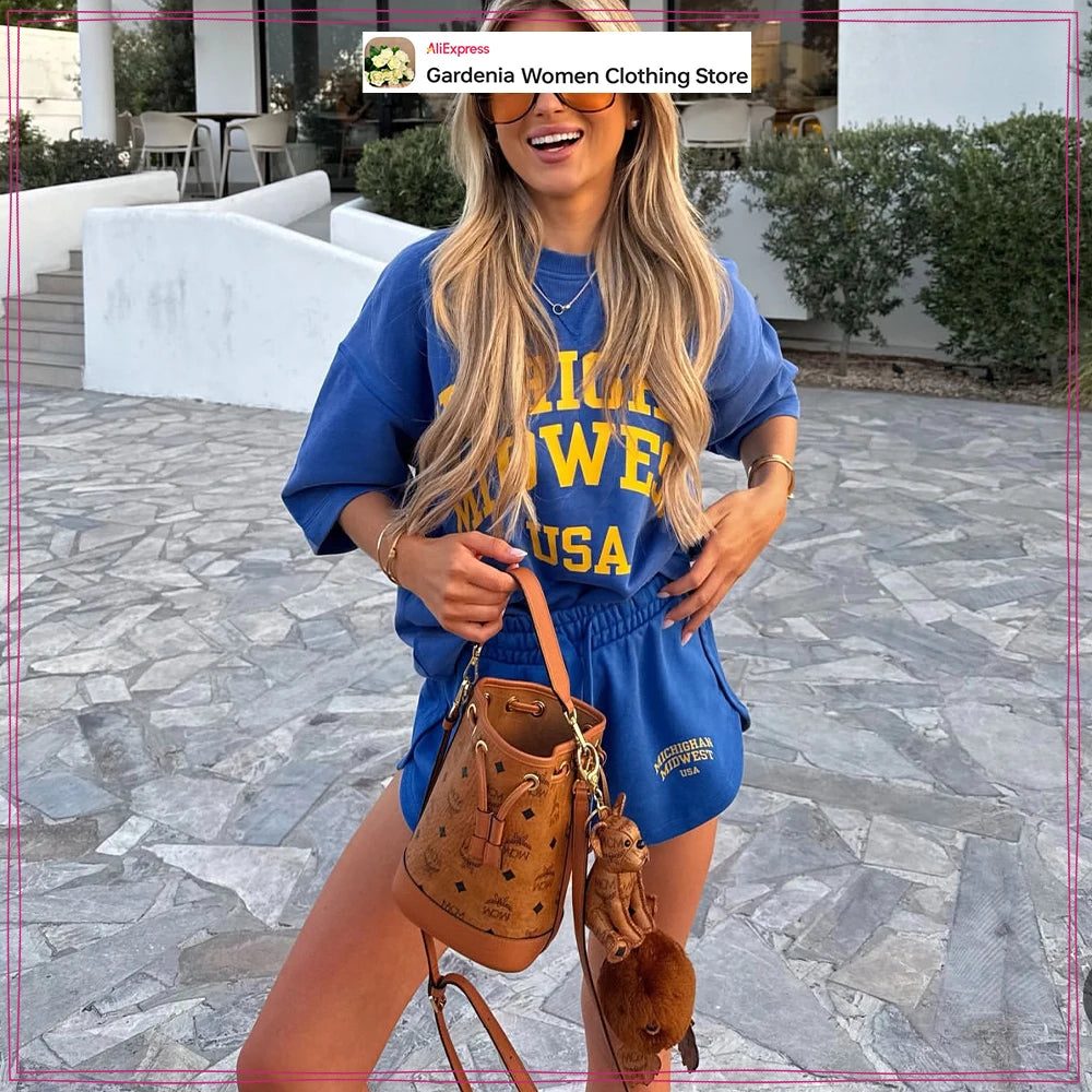 Preppy Style 2 Piece Blue Short Set for Women Washed Effect Text Cotton Short Sleeves Sweatshirt and Drawstring Waistband Shorts