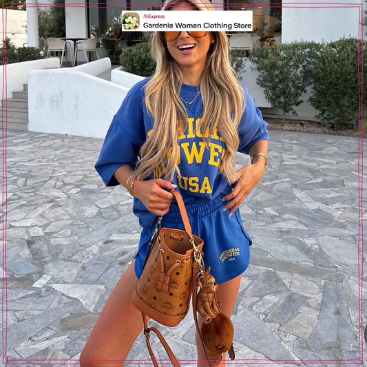 Preppy Style 2 Piece Blue Short Set for Women Washed Effect Text Cotton Short Sleeves Sweatshirt and Drawstring Waistband Shorts
