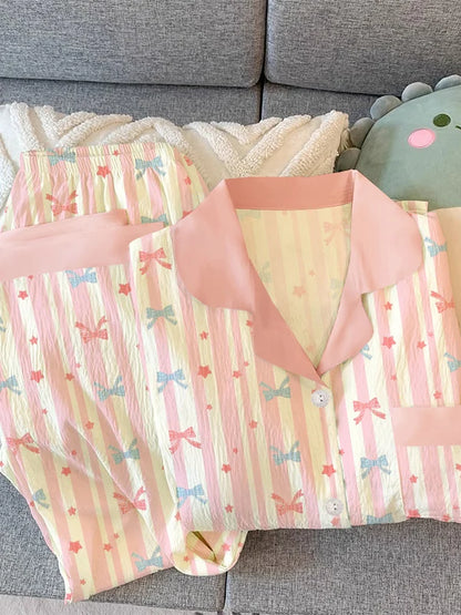 Girls Stripe Sleepwear Women's  Knot Star Long Sleeve Long Pants Korean Style Sweet Crepe Home Clothes Set