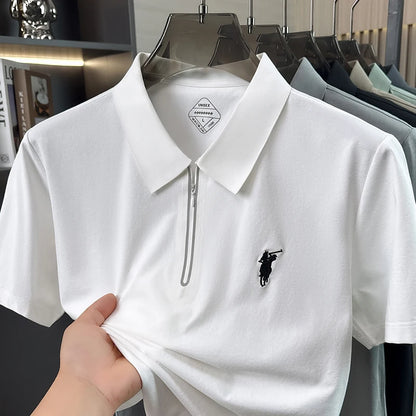Summer New Ice Silk Cool Short Sleeved Polo Shirt, Skin Friendly, Breathable, Lapel Zipper, Business Casual T-shirt for Men