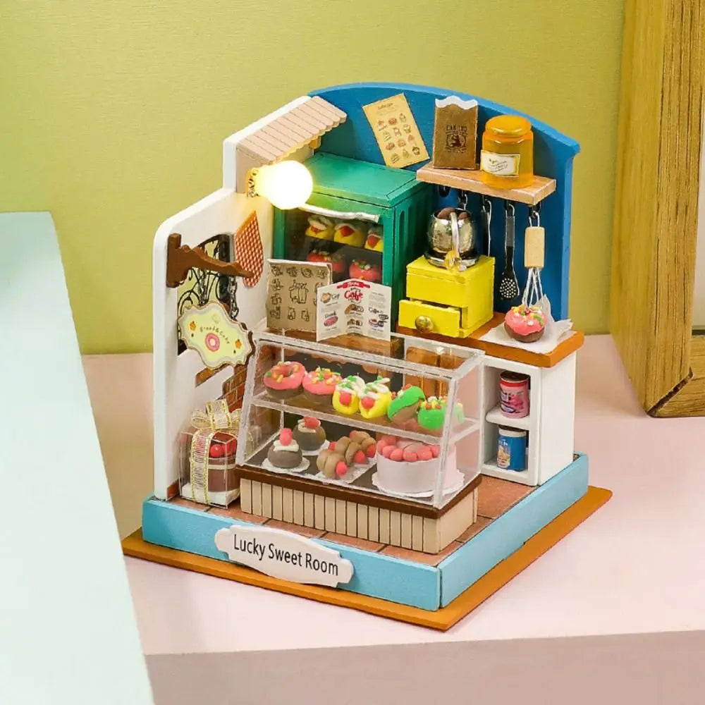 Handmade Coffee Shop Dollhouse Kit Wooden Material Assembly Required Wooden Assembly Mini Size 3D Design DIY 3D Puzzle