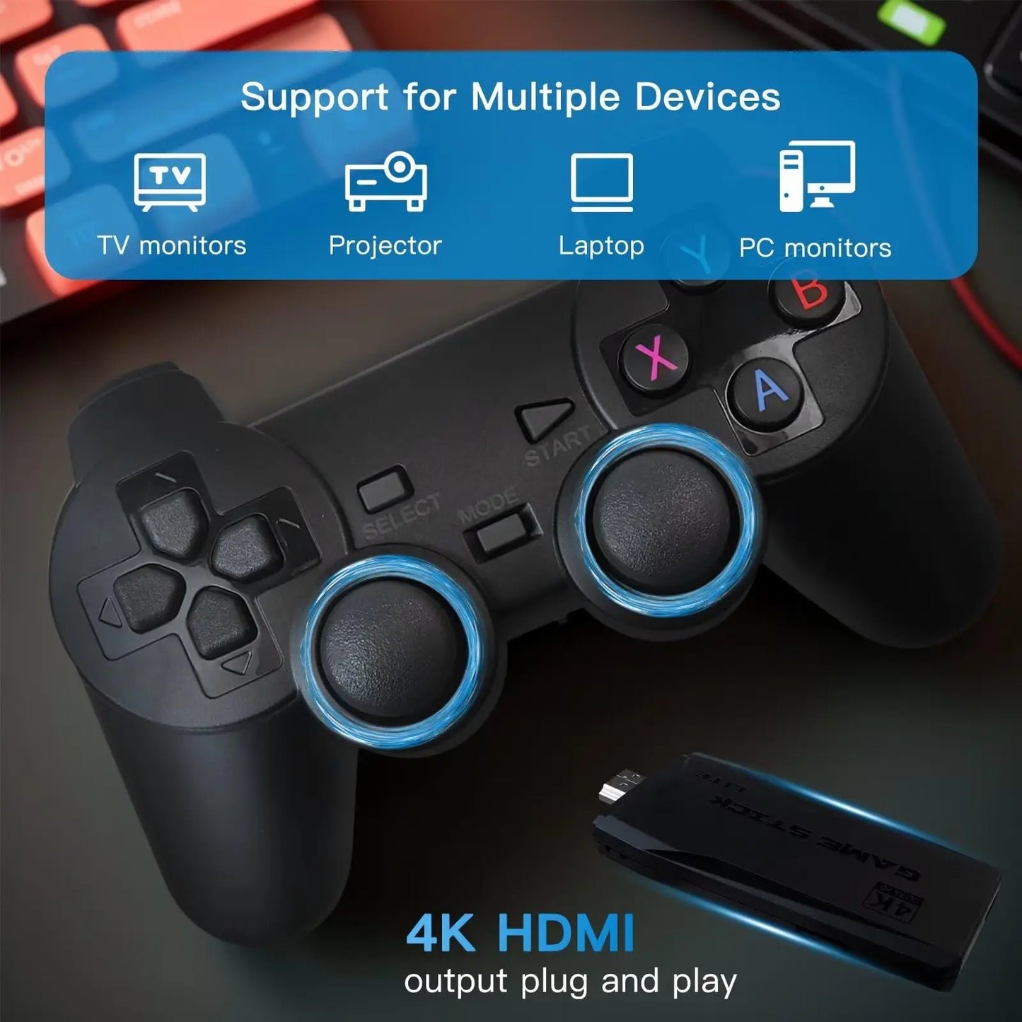 Retro Video Game Console 4K Game Stick TV HD Built-in 20000+ Games 64G Retro Handheld Game Player Wireless Controller Gamepad
