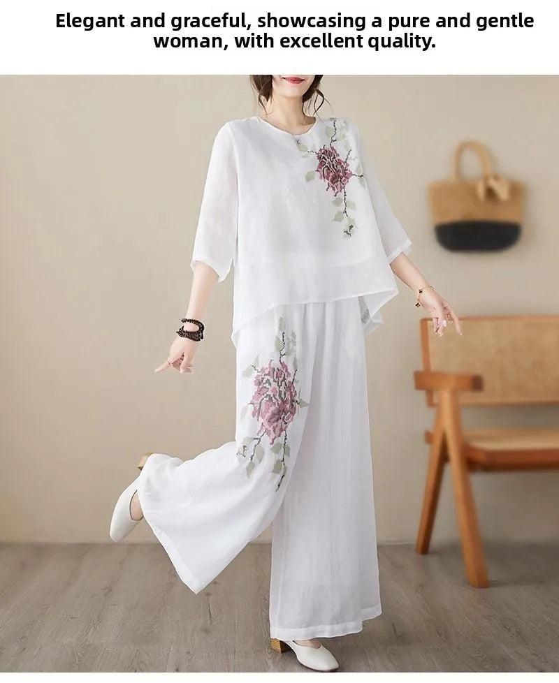 plus Size Women's Retro Cotton Linen Set Wide Leg Pants Slimming Mom Two Piece Suit Spring Fashion Korean Style Commute Wear