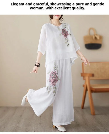 plus Size Women's Retro Cotton Linen Set Wide Leg Pants Slimming Mom Two Piece Suit Spring Fashion Korean Style Commute Wear