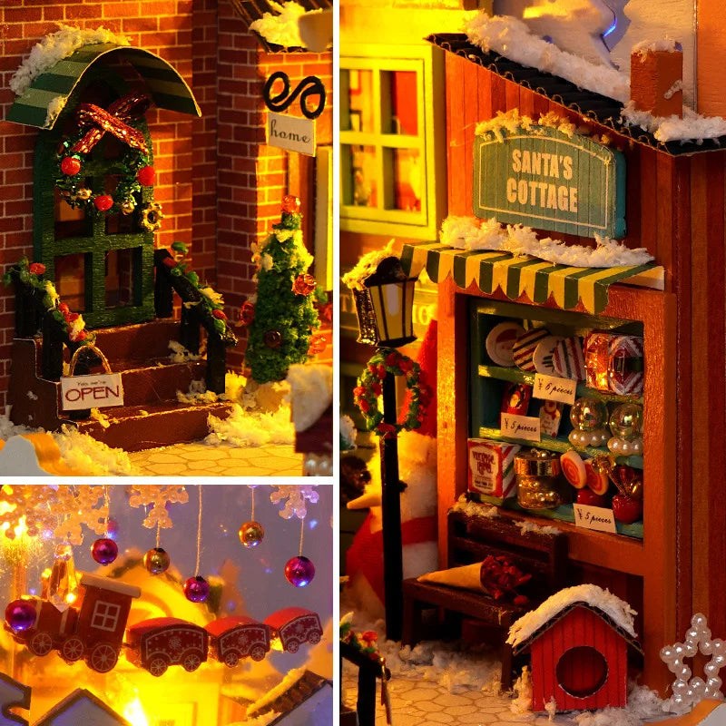 Book Nook Miniature DIY Hut Christmas cabin Houses Bookstand Doll House Creative Puzzle Bookshelf Insert With Touch Cover