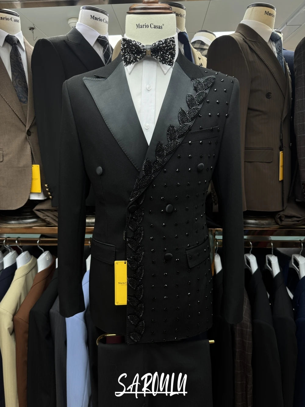 Textured Black Men's Suit Sophisticated Party Beaded Customized Celebrity Peak Lapel Groom Wear In Stock Prom Set Fast Shipping