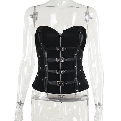 Goth Dark Punk Grunge Leather Buckle Strapless Corset Tops Mall Gothic Zip Women Tupe Top Y2K Coquette Streetwear Alt Tanks Vest