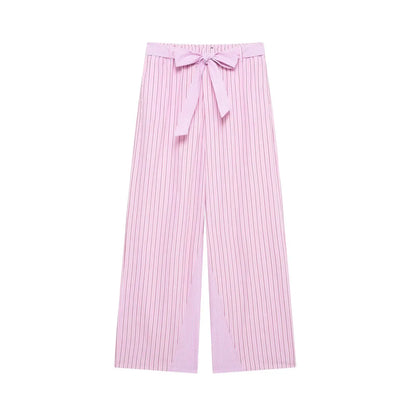 HH Women Striped Pants Suit Lapel Pocket Single-breasted Blouse+Side Zipper Lace Short Top+High Waist With Belt Poplin Pant