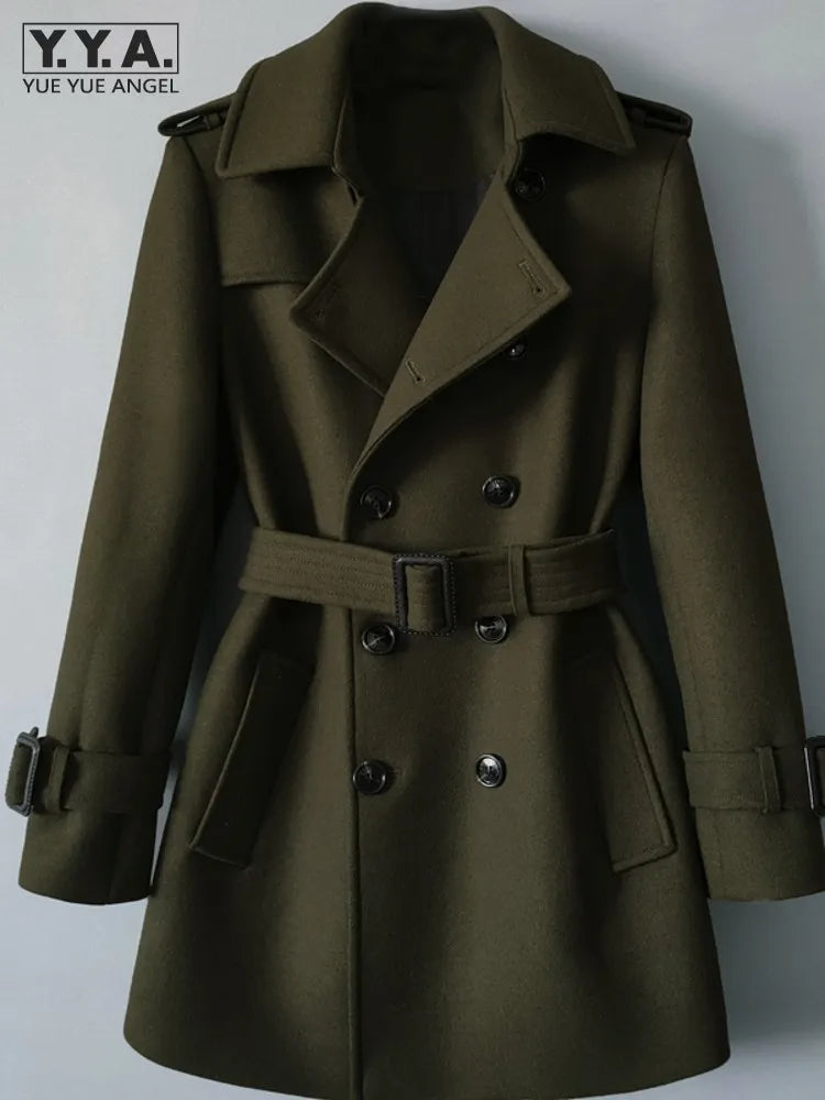 Men Mid Long Woolen Blends Coat Belted Double Breasted Wool Trench Spring New Business Work Windbreaker Classic Outwear Overcoat