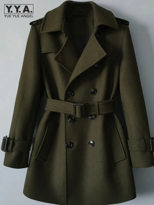 Men Mid Long Woolen Blends Coat Belted Double Breasted Wool Trench Spring New Business Work Windbreaker Classic Outwear Overcoat