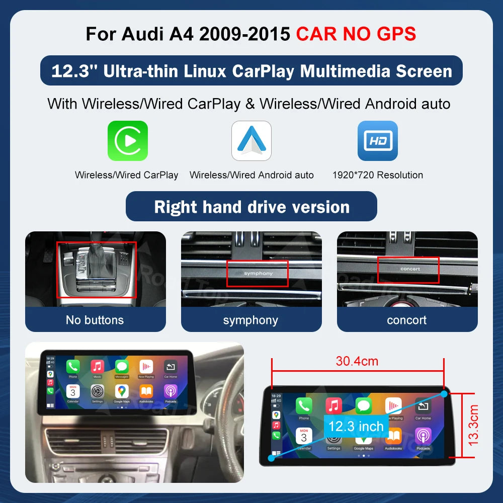 8.9 Inch 12.3"" Multimedia Display Touch Screen For Audi A4 S4 2009-2015 Airplay Miracast Function Wireless Carplay Android Auto