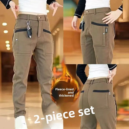 Men's Workwear Pants Elastic Waist Multi-Pocket Straight Leg Autumn Winter Durable Polyester Fiber Casual Trousers