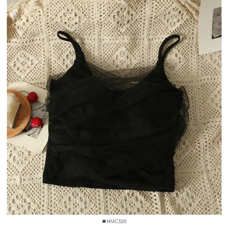 Sexy Mesh Splice Crop Top Backless Design Pure Color Strap Vest for Women Trendy Slimming Short Style Summer Fashion