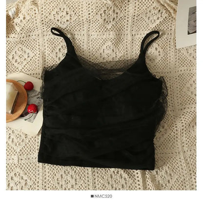 Sexy Mesh Splice Crop Top Backless Design Pure Color Strap Vest for Women Trendy Slimming Short Style Summer Fashion