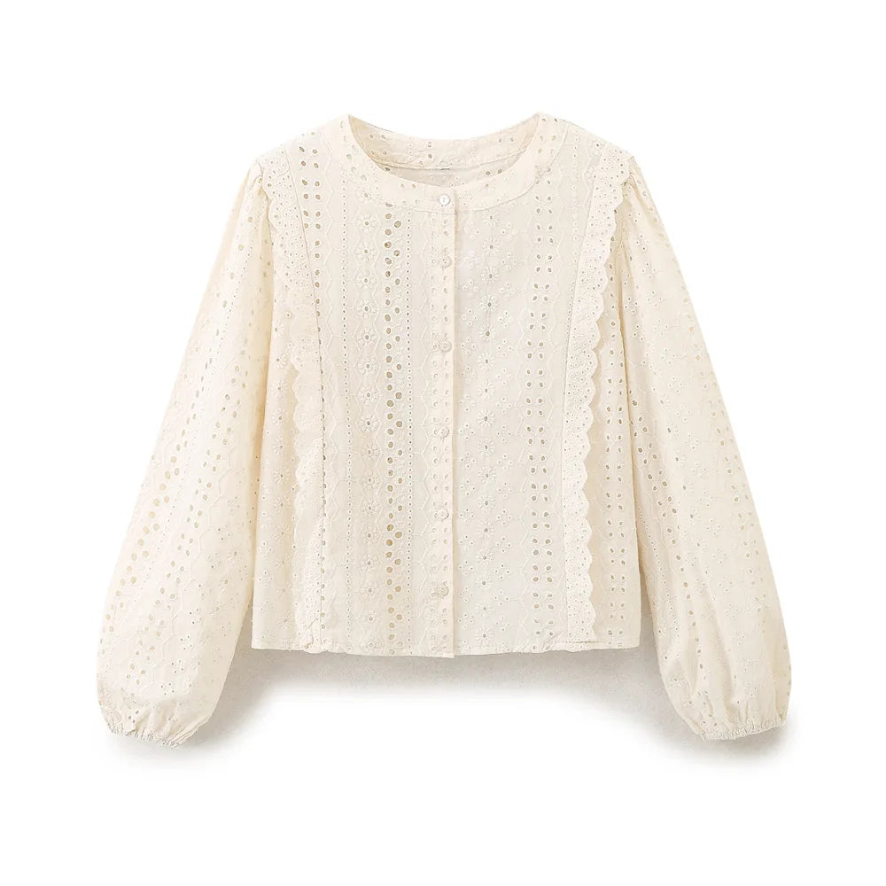 European and American Style 2026 Summer New Women's Sweet Round Neck Puffy Long Sleeve Hollow Embroidered Shirt Loose Top