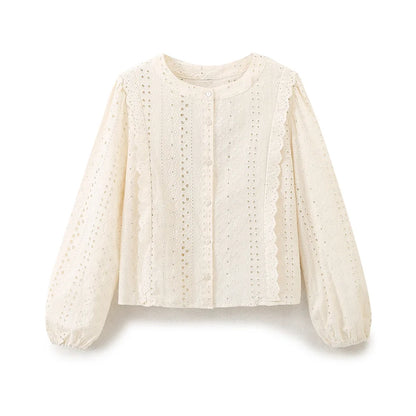 European and American Style 2026 Summer New Women's Sweet Round Neck Puffy Long Sleeve Hollow Embroidered Shirt Loose Top