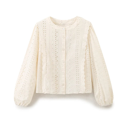 European and American Style 2026 Summer New Women's Sweet Round Neck Puffy Long Sleeve Hollow Embroidered Shirt Loose Top