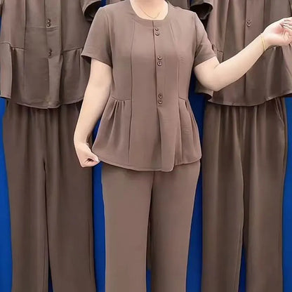 Summer 2026 Fashionable Mommy Set Women's Loose Belly Covering Slimming Two-Piece Suit High-End  Color Casual Wear