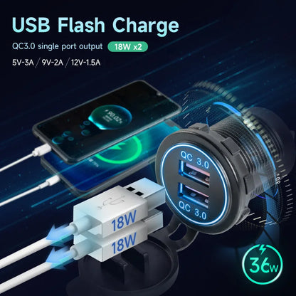 Dual Port Usb 36W On Off Digital Led Voltmeter For Car Splitter Cigarette Lighter Socket 12V QC Adapter 3.0 Quick Phone Charger