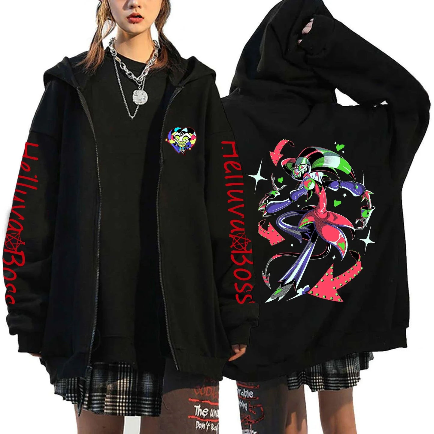 Helluva Boss Print Hooded Zipper Men Women Casual Fashion Fall Winter Warm Vintage Long Sleeve Tops Fleece Zip-Up Sweatshirts