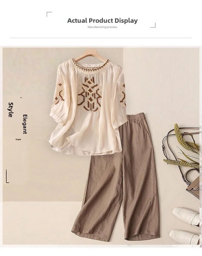 Fashionable Retro Linen Top And Pants Set for Women High End Cotton Linen Ensemble Summer 2026 Elegant Two Piece Suit