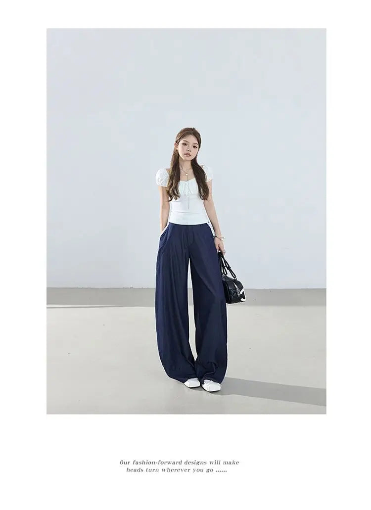 American-style retro loose wide-leg pants, lightweight curved pants, cool lace splicing, versatile casual pants for women