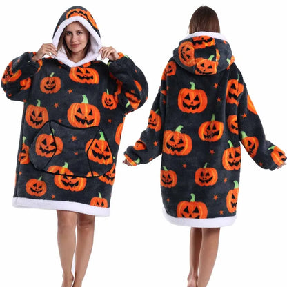 Women Hoodies Fluffy Warm Black Grey Long Sleeve Top Halloween Pumpkin Skull Ghost Hoodie Blanket Oversized Adult Winter Clothes