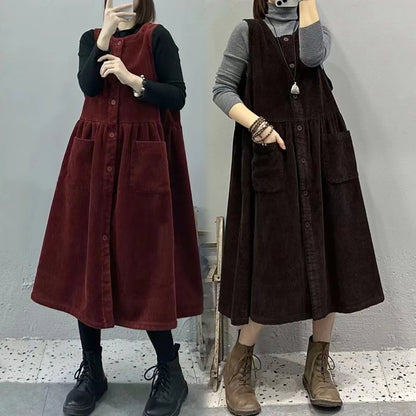 Retro Korean Style Corduroy Dress with Pockets Autumn Winter Loose Slimming Long Dress for Women Casual A-Line Skirt