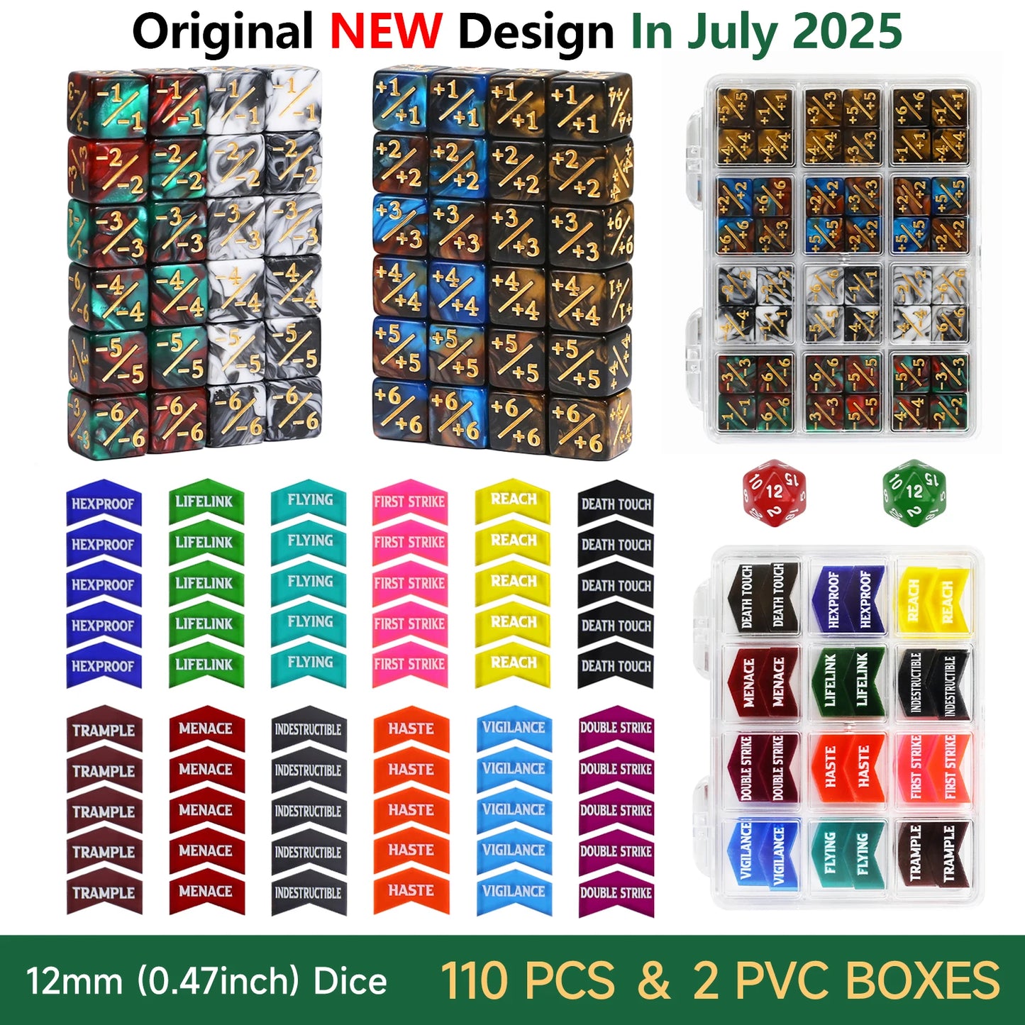 110PCS MTG Dice Tokens Set Keyword Counters +1/+1 & -1/-1 Counters 2xD20 Life Trackers, 12mm Size with Storage Box, Compatible