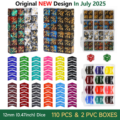 110PCS MTG Dice Tokens Set Keyword Counters +1/+1 & -1/-1 Counters 2xD20 Life Trackers, 12mm Size with Storage Box, Compatible