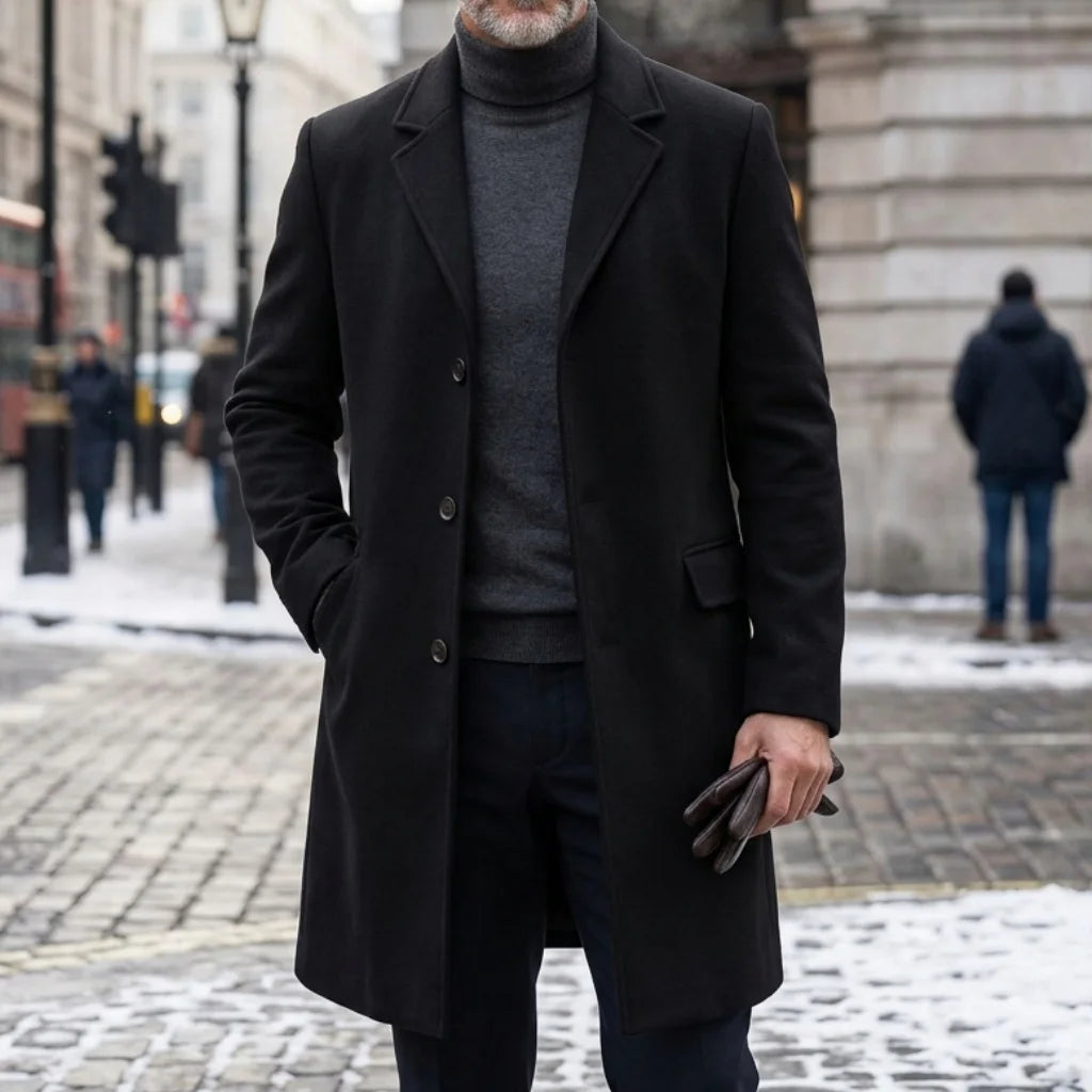 Winter Men's Wool Blend Trench Classic Single-Breasted Business Casual Outerwear Street Overknee Coat Windproof Lined Office