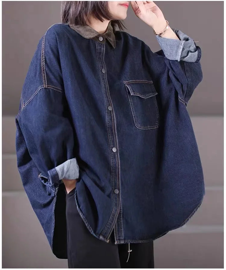 Loose Fit Women's Korean Style Corduroy Denim Shirt Jacket  Collar Splicing Oversize Outerwear Commute Fashion