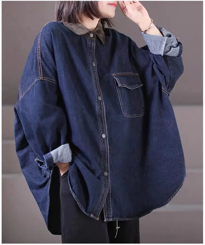Loose Fit Women's Korean Style Corduroy Denim Shirt Jacket  Collar Splicing Oversize Outerwear Commute Fashion