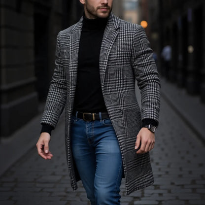 Men's Single Breasted Woolen Blend Trench Coat, Stripes Long Warm Windproof Jacket for Autumn, Classic Solid Color Outerwear