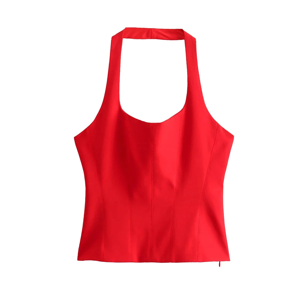 Women's Backless Halter Fitted Tank Tops, Female Camis, O Neck, Side Zipper, Sexy Fashion