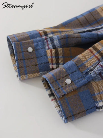 Streamgirl Oversized Plaid Shirt Women 2026 Spring Loose Vintage Long Shirts Full Sleeve Women Plaid Brown Oversized Shirt Blue