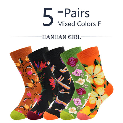 5 Pairs New Arrivals Combed Cotton Women Socks Unisex Cute Floral Styles 8 Color Happy Funny Casual Female Breathable Crew Socks