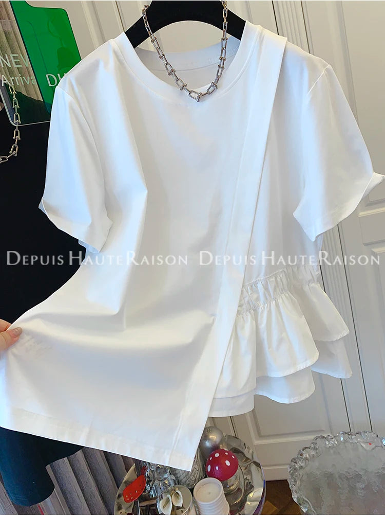 Loose Fit Pure Cotton Short Sleeve T-Shirt Women Summer Fashionable Casual Top Large Size 200 Pounds Asymmetrical Layering