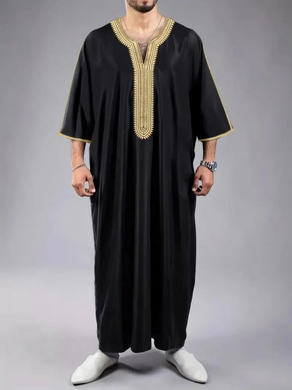 Traditional Middle Eastern Muslim Ethnic Style Men's Robe Eid al Fitr Clothing Round Neck Embroidered Men's Robe