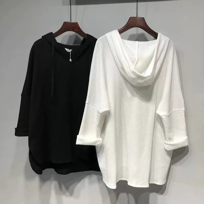 plus Size Women's Long Sleeve T-Shirt Loose Fit Belly Covering Spring Autumn Korean Style Hooded Asymmetrical Hemline Slimmin...