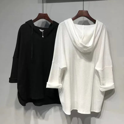 plus Size Women's Long Sleeve T-Shirt Loose Fit Belly Covering Spring Autumn Korean Style Hooded Asymmetrical Hemline Slimmin...