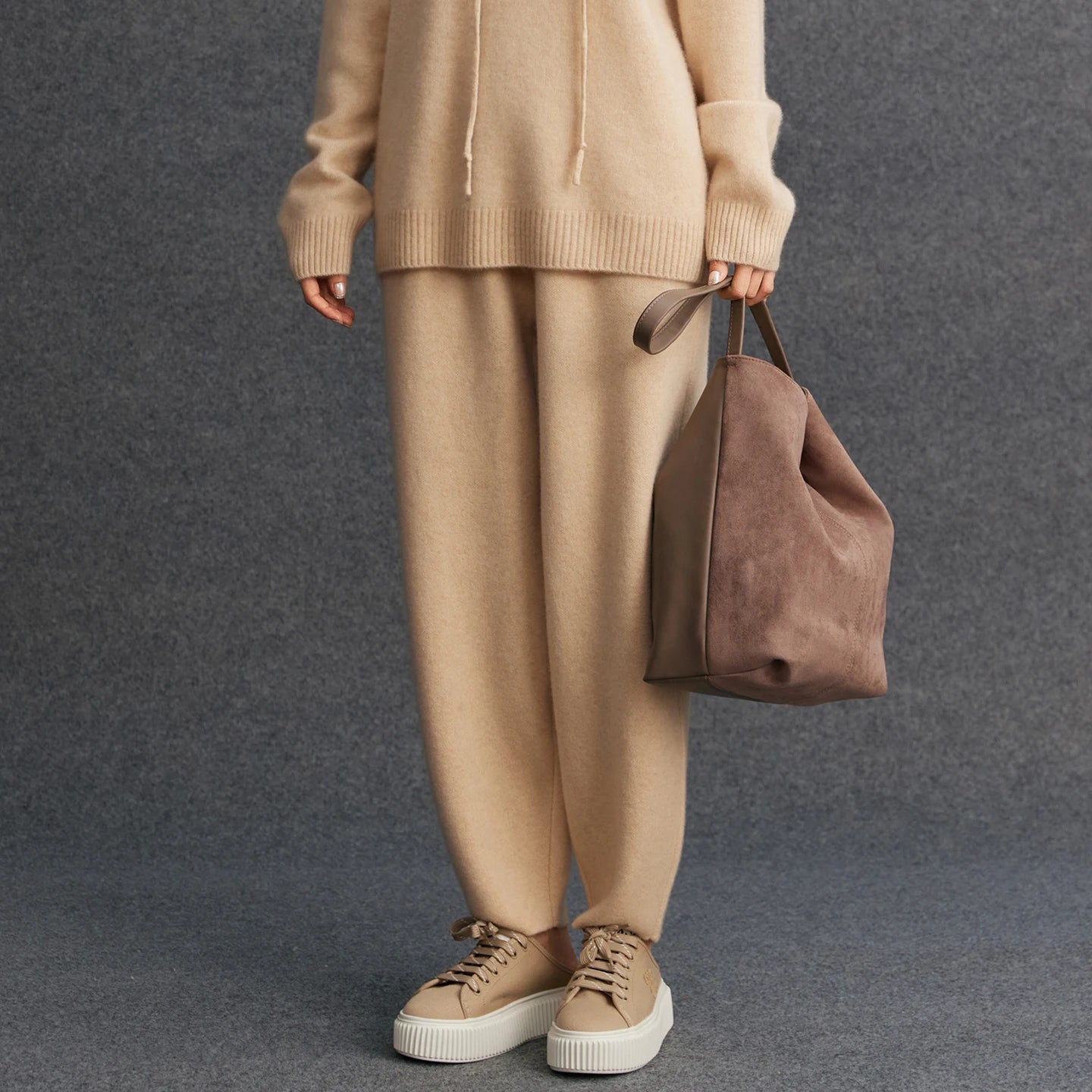 Women's 100% Cashmere Casual Solid Color Knitted Jogging Pants Elastic Waist Sports Pants with Pocket Thickened Warm