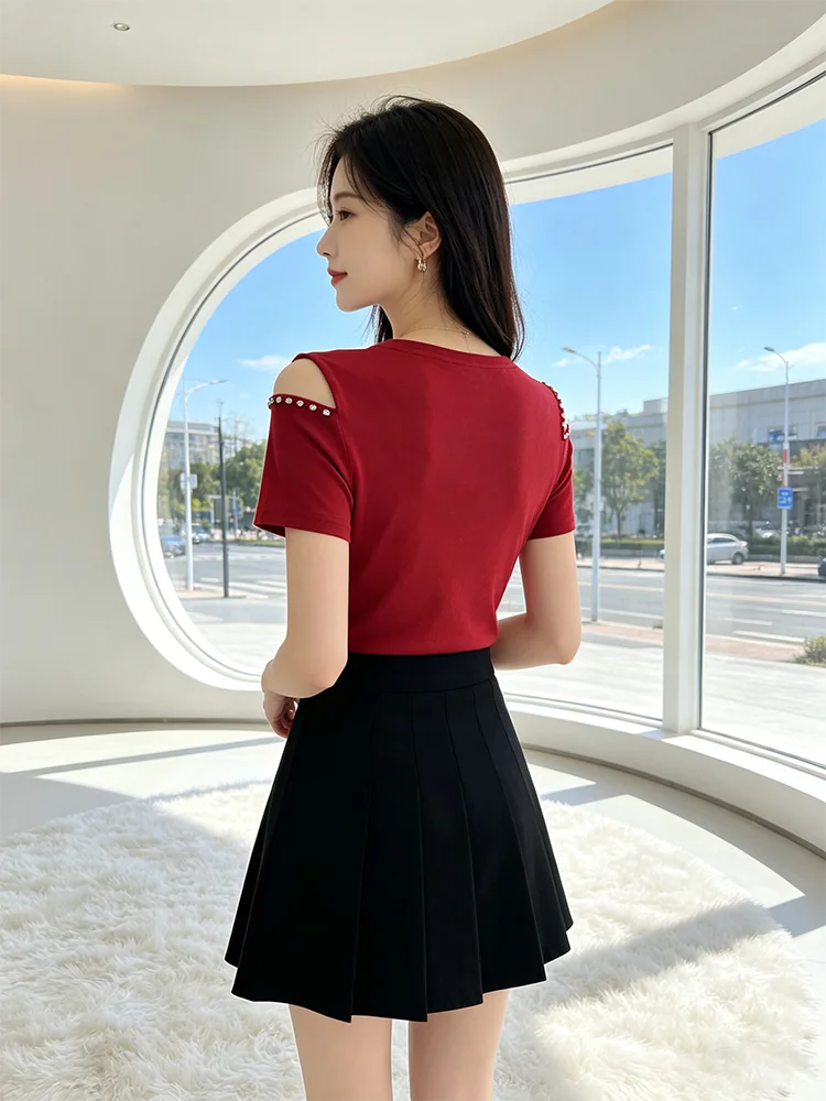 Summer New Off Shoulder Short sleeved T-shirt Korean Fashion Diamond Tops Slim Style Bowknot Women Shirt