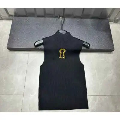 Spring Summer Solid Spliced Metal Buckle Slimming Knit Tshirt For Women Turtleneck Sleeveless Minimalist T Shirt Female Fashion