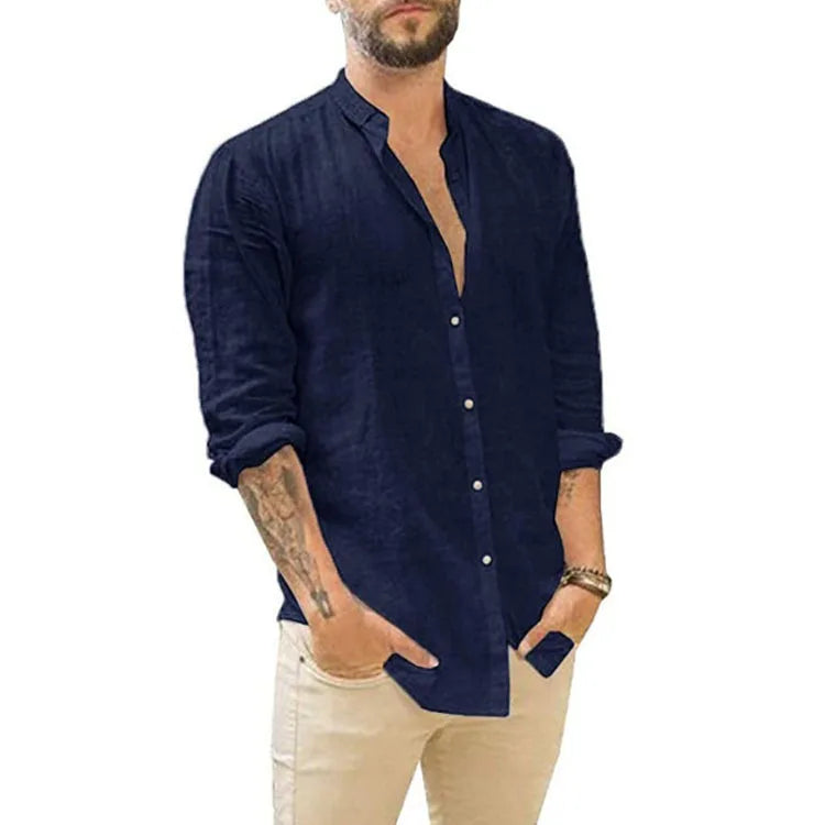 Men's 2026 Men's Linen Cardigan Solid Color Casual Stand-Up Collar Long Sleeve Shirt