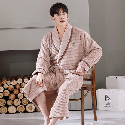 Men Sleepwear Robe Winter Flannel Thicken Terry Robe Male Long Sleeve Kimono Warm Bathrobe Home Wear Peignoir Men Robe