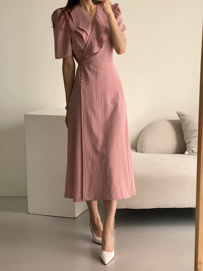 Retro Double Layered Collar Bubble Sleeve  Dress Elegant Short Sleeve V Neck Summer Casual Women's Dress