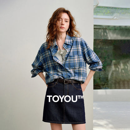TOYOUTH Women Brushed Shirts 2026 Spring New Mid-Length Gradient Blue-White Plaid Loose Blouses