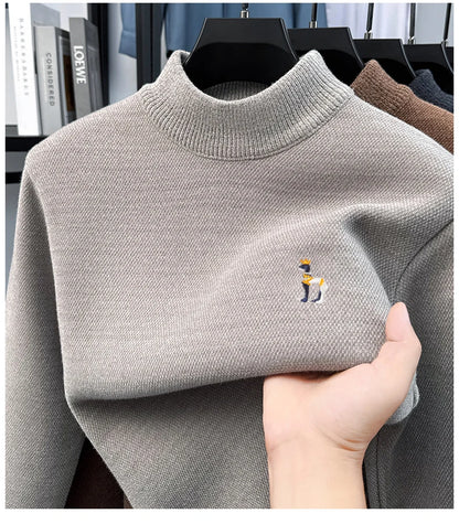 High End Embroidered Snow Carved Velvet Semi High Neck with Thick Velvet Men's Sweater Winter Semi High Neck Base Sweater