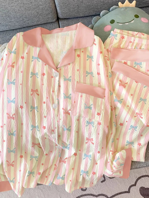 Girls Stripe Sleepwear Women's  Knot Star Long Sleeve Long Pants Korean Style Sweet Crepe Home Clothes Set